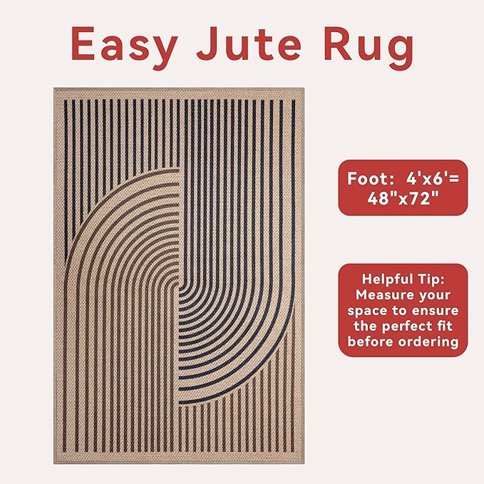 Tangsoo Easy Jute 4x6 Rug for Patio,Non-Slip Dark Brown Indoor Outdoor Carpet,Boho Farmhouse Washable Area Rug Throw Mat for Front Porch Kitchen Bedroom Foyer