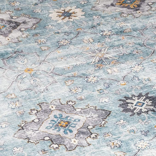 ReaLife Rugs Machine Washable Area Rug Runner - Living Room Bedroom Bathroom Kitchen Entryway Office - Padded Low Pile Stain Resistant Premium - Boho Farmhouse Vintage - BEV - Blue Ivory 3' x 5'
