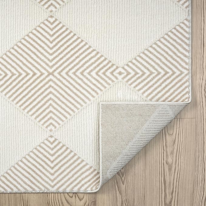 Abani Cream Area Rug for Living Room, Bedroom - Diamond Pattern - 8 x 10 -Durable & Easy to Clean