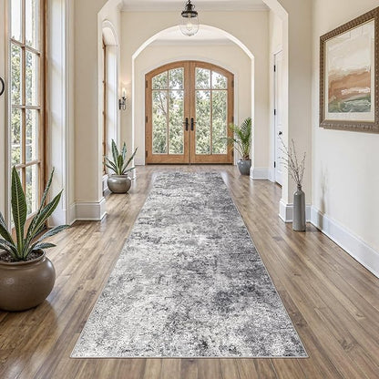 3X10 Washable Runner Rug for Hallway: Soft Neutral Modern Abstract Area Rug - Non-Slip Low Pile Long Throw Indoor Carpet for Kitchen Entryway Kitchen Bedroom Laundry - Grey