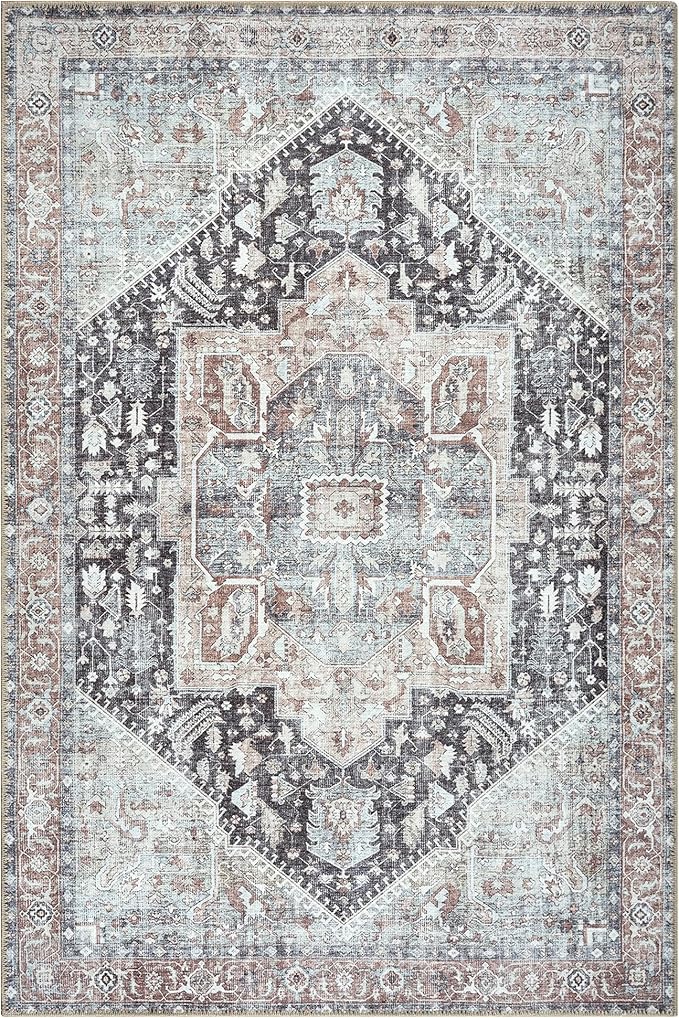Bloom Rugs Washable Non-Slip 4' x 6' Rug - Charcoal/Brown Traditional Medallion Area Rug for Living Room, Bedroom, Dining Room, and Kitchen - Exact Size: 4' x 6'