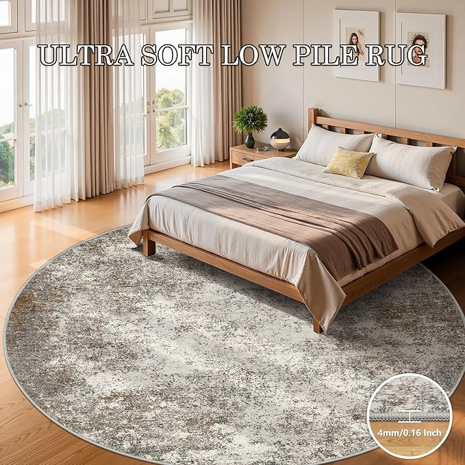 8ft Washable Round Rug - 8x8 Area Rugs Modern Abstract Rugs for Living Room Non-Slip Low Pile Soft Machine Washable Carpet for Bedroom, Living Room, Dining Room, Nursery, Farmhouse (8'x8' Brown Grey)
