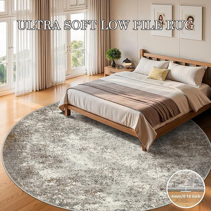 8ft Washable Round Rug - 8x8 Area Rugs Modern Abstract Rugs for Living Room Non-Slip Low Pile Soft Machine Washable Carpet for Bedroom, Living Room, Dining Room, Nursery, Farmhouse (8'x8' Brown Grey)