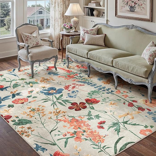 Beige Area Rug 5x7 Floral Washable Living Room Kitchen Boho Carpet Non Slip Low Pile Indoor Accent Lightweight Soft Throw Rug for Bedroom Office Dining Room Nursery Farmhouse