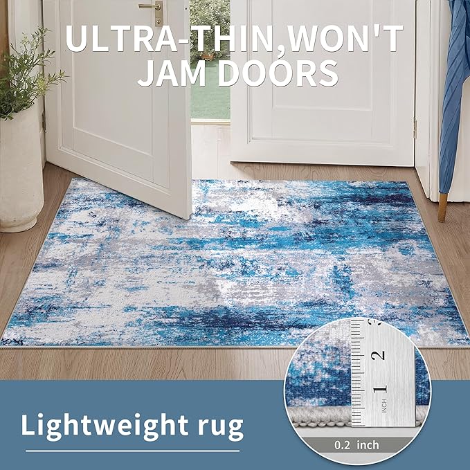Ciicool 2x6 Washable Runner Rug, Modern Abstract Hallway Rugs Runner, Non-Slip Thin Accent Rug Lightweight Grey Blue White Print Distressed Carpet for Laundry Entryway Bedroom Kitchen Indoor