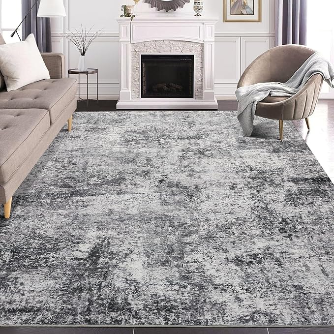 Area Rug Living Room Rugs - 10x11 Washable Large Soft Indoor Neutral Modern Abstract Low Pile Rug Carpet for Bedroom Dining Room Farmhouse Home Office - Grey