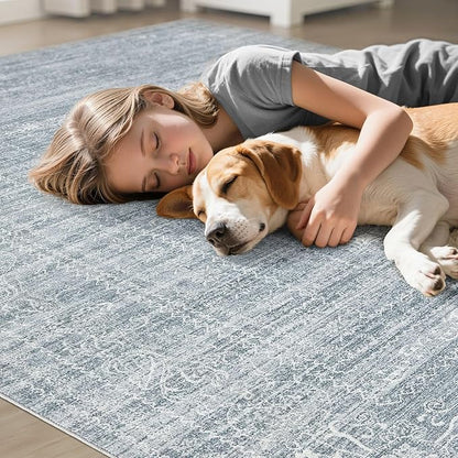 5x7 Area Rugs Living Room: Washable Large Vintage Blue Rug Neutral Non-Slip Soft Stain Resistant Indoor Carpet for Bedroom Nursery Dining Room Under Table Bed Home House Office Playroom