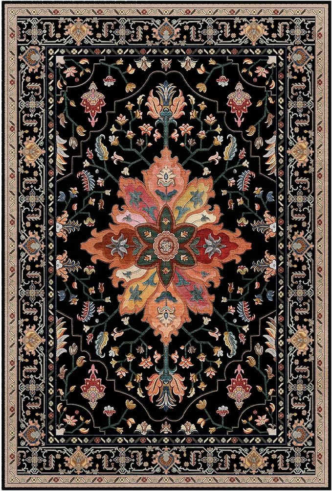 Area Rugs 2'6''x14' Washable Non-Slip, Floral Vintage Distress Print Pattern Medallion Carpet for Living Room Bedroom Dining Room, Black Colorful Floral Dark Tan
