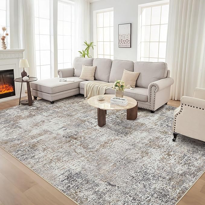 Area Rug Living Room Rugs - 9x12 Washable Large Soft Indoor Neutral Modern Abstract Low Pile Rug Carpet for Bedroom Dining Room Farmhouse Home Office - Brown/Grey/Black