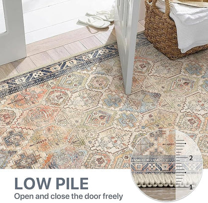 Bavni Washable Rug 8x10 Area Rug for Living Room Bedroom Dining, Washable Vintage Print Carpet, Ultra-Thin Low Pile Lightweight Rug with Non Slip Backing, Multi Beige