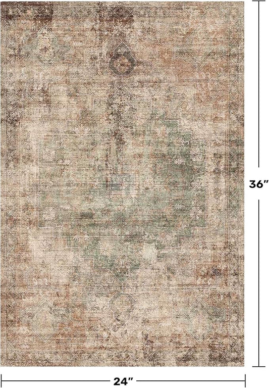 Green Brown 2x3 Washable Small Throw Rug for Entryway, Kitchen, Bathroom, Non Slip with Rubber Backing, Low Pile & Soft Stain Resistant Carpet, Farmhouse Medallion Abstract Indoor Décor