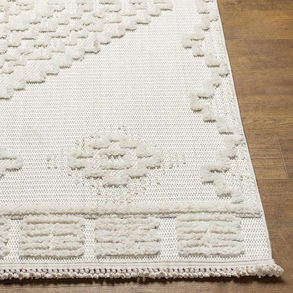Hauteloom Rosales Farmhouse Living Room Bedroom Modern Moroccan Medallion Area Rug - Soft Shaggy High Low Carpet - High Pile - Bohemian, Boho - White, Beige, Cream - 6'7" x 9'