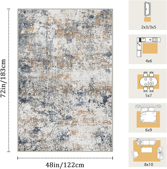 4x6 Washable Area Rug for Living Room, Multicolor Modern Vintage Abstract Rug Large Non-Slip Low Pile Soft Faux Wool Carpet, Kids and Pets Friendly for Bedroom Dining Room Farmhouse Home Decor Rug