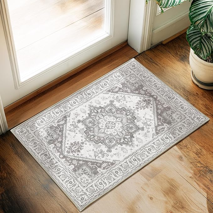 XWZO Entryway Area Rug 2x3ft — Soft Vintage Low Pile Non-Slip Backing Door Floor Mat for Bedroom Bathroom Kitchen Laundry, Spill Resistant Washable Small Indoor Carpet for Doorway & Entrance, Grey