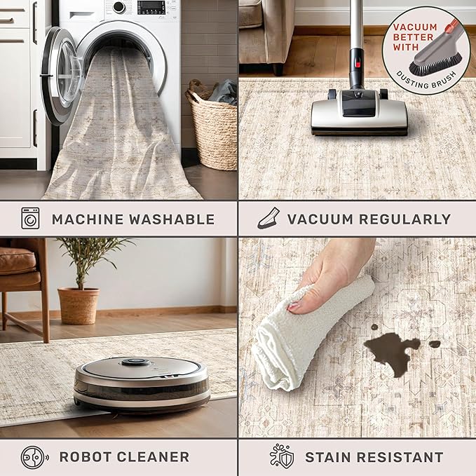 Washable 2x4 Beige Bathroom Rugs, Farmhouse Small Rugs for Entryway, Geometric Floral Design Non Slip Kitchen Floor Mats, Modern Home Décor, Low Pile & Soft Stain Resistant Carpet