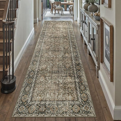 Brown Runner Rug 2'6"x16' Vintage Area Carpet Hallway Long Indoor Kitchen Washable Living Room Low Pile Traditional Distressed Retro Accent Rug Non Slip Laundry Bathroom Office Dining Room