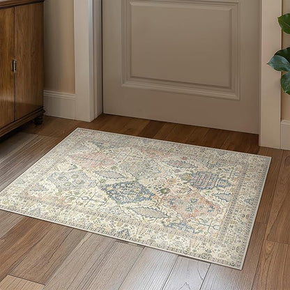 Bavni Area Rug 2X3, Small Aesthetic Entryway Rug, Non Slip Rugs for Front Door, Vintage Indoor Washable Carpet for Kitchen Bathroom, Beige Ivory