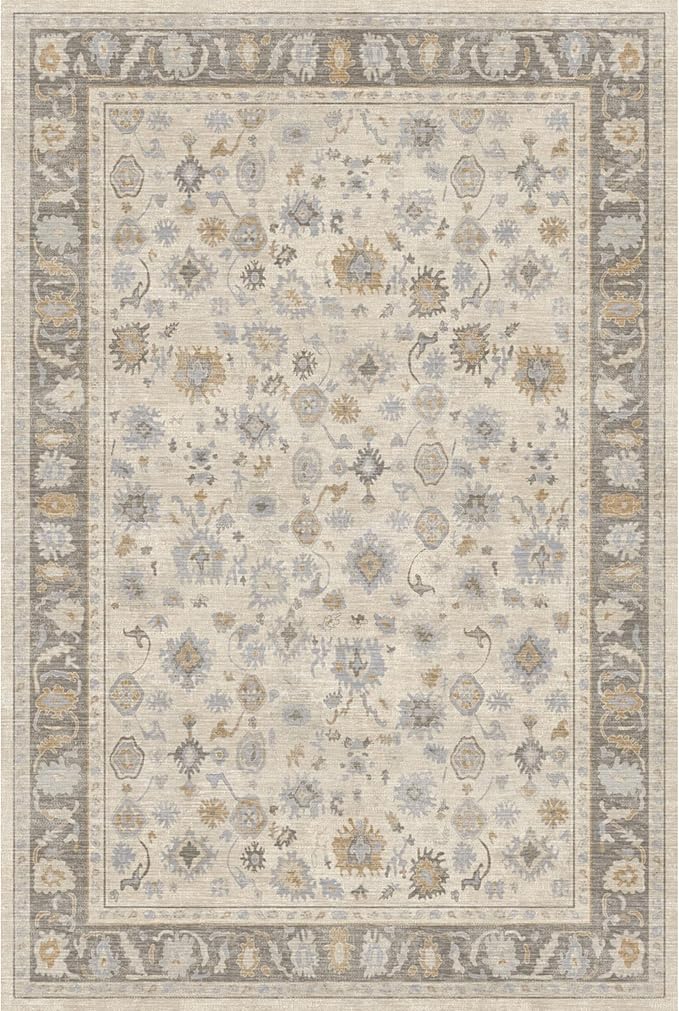 Kuden 8x10 Large Area Rug, Machine Washable Area Rug with Non-Slip Backing, Vintage Style, Soft, Easy Clean, Low Pile Rug for Living Room, Bedroom, Dining Room