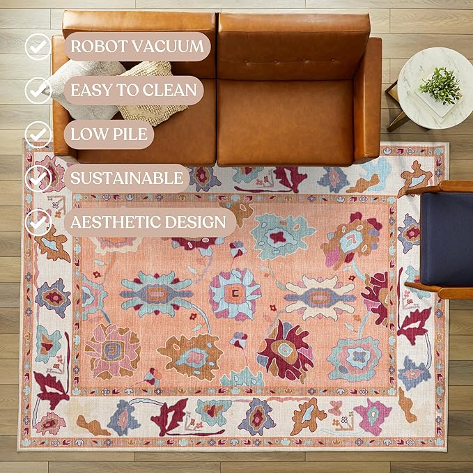 Fame Living Orange Oushak Rug, Modern, Vintage, Turkish, Eclectic, Floral, Pastel, Washable, Oversized, Extra Large Area Rugs for Living Room, Dining, Bedroom, Lounge 9'5"x14'