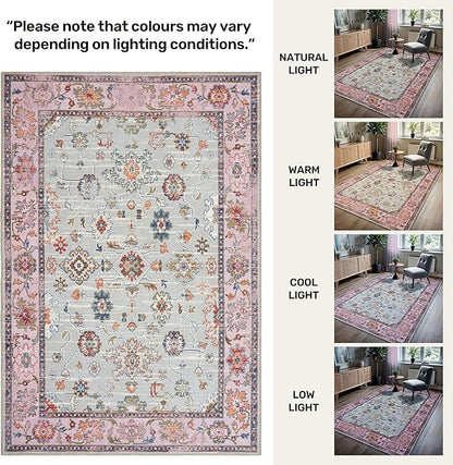 GLN Rugs Traditional Collection - Machine Washable Area Rug, Traditional Washable, Non Slip, Low Pile Chenille Rug, Living Room, Bedroom, Kitchen Rug (5' x 7' Pink/Blue/Multicolor)