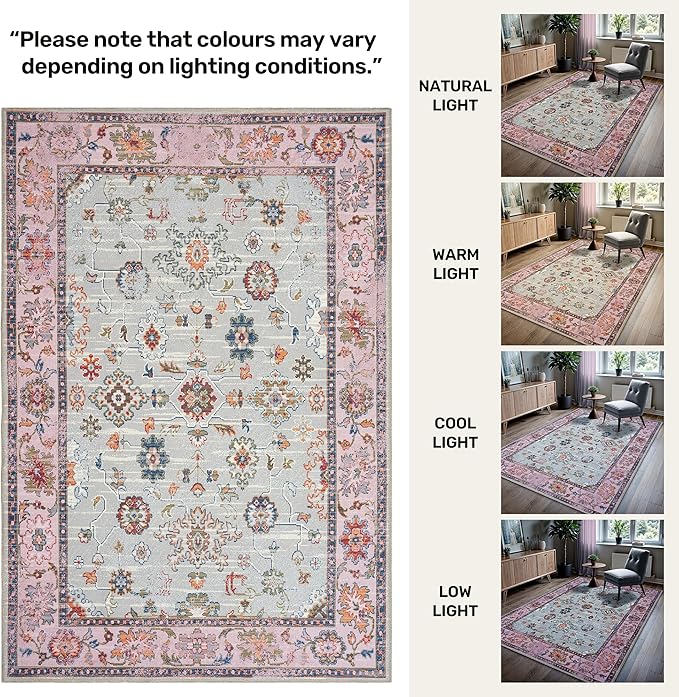 GLN Rugs Traditional Collection - Machine Washable Area Rug, Traditional Washable, Non Slip, Low Pile Chenille Rug, Living Room, Bedroom, Kitchen Rug (2' x 3' Pink/Blue/Multicolor)