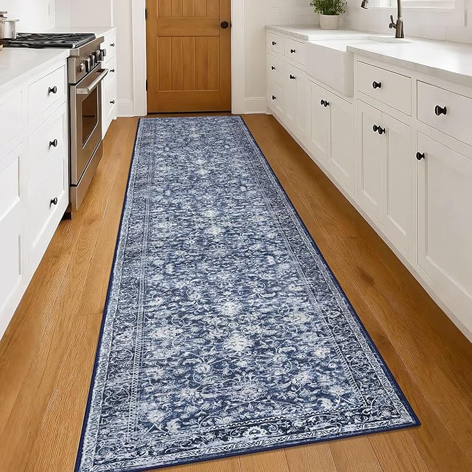 KILOCOCO Runner for Hallway 3x14 Runner Rug Printed Vintage Floral Washable Rug Kitchen Runners Soft Non-Slip Low Pile Hallway Runners Laundry Room Distressed Boho Rugs, Blue