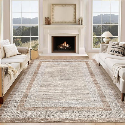 GarveeHome 8x10 Large Washable Area Rug Modern Bordered Rug Distressed Geometric Floor Carpet, Soft Non Slip Rug, Low Pile Non Shedding Rug, Indoor Brown Rug for Bedroom, Living Room