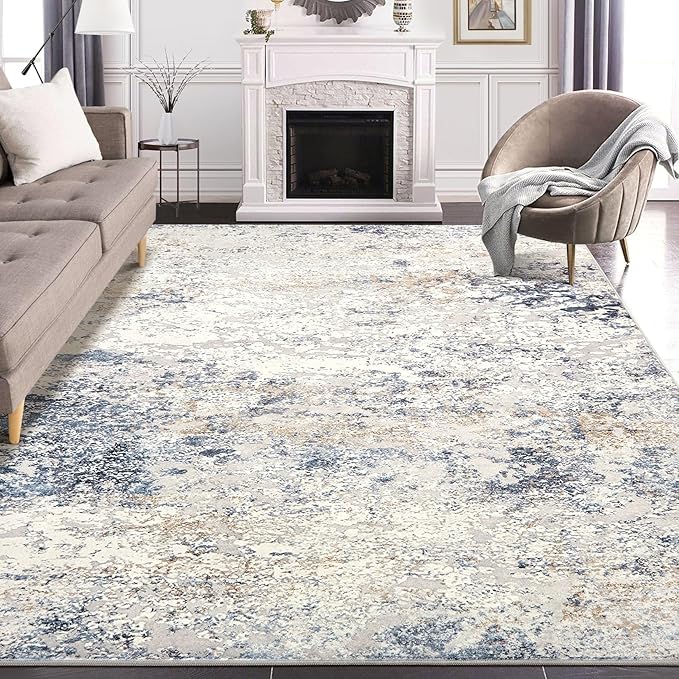Area Rug Living Room Rugs - 10x13 Large Soft Indoor Neutral Modern Abstract Low Pile Washable Rug Carpet for Bedroom Dining Room Farmhouse Home Office - Beige Blue