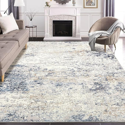Area Rug Living Room Rugs - 8x10 Abstract Large Soft Indoor Washable Rug Neutral Modern Low Pile Carpet for Bedroom Dining Room Farmhouse Home Office - Beige Blue