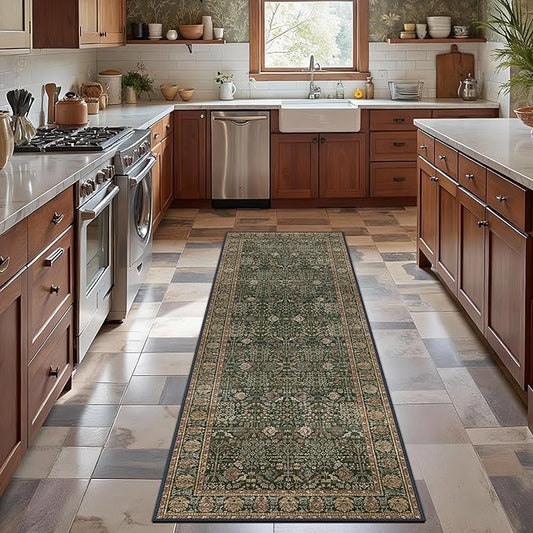 Bavni Washable Rug Runners for Hallways-Vintage Runner Rug 2'6''x8 Low Pile Floral Rugs, Non-Slip Indoor Throw Carpet for Living Room Bedroom Kitchen, Dark Green/Multi