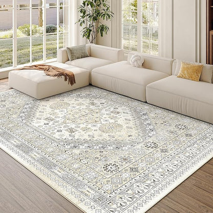 zesthome 4x6 Rug - Stain Resistant Washable Rug, Anti Slip Backing Rugs for Living Room, Foldable Vintage Small Area Rugs ((Beige,4'x6')