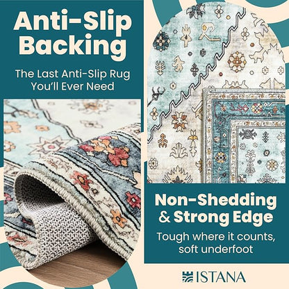Istana Area Rug 2x4 - White Cream & Blue 2x4 Washable Rug Non Slip - Pet Friendly Living Room Rug - Non Shedding Washable Rugs for Bedroom - Foldable Bathroom Rugs