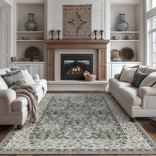 Bavni 5x7 Area Rugs for Living Room, Floral Rug Machine Washable Non Slip, Vintage Boho Forest Carpet, Soft Low Pile Thin Lightweight Rugs for Bedroom, Farmhouse, Dining Room Office, Mist Grey/Ivory