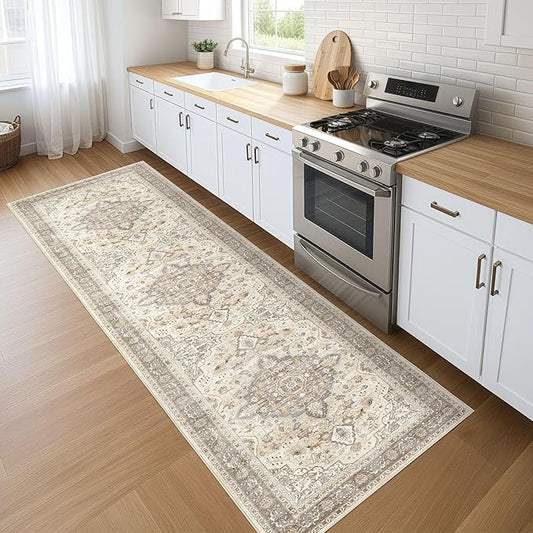 Runner Rug Kitchen Washable Rugs: 2x6 Non-Slip Boho Soft Vintage Stain Resistant Indoor Floor Neutral Farmhouse Throw Carpet for Hallway Bathroom Laundry Room Entryway Bedroom- Brown