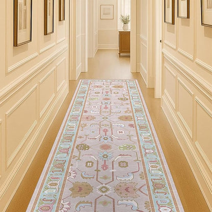 Fame Living Pink Oushak Runner Rug, Modern Runners, Vintage, Turkish, Eclectic, Floral, Pastel, Washable, Runner for Hallway, Kitchen, Bedroom, Bathroom, 2'5"x9'8"