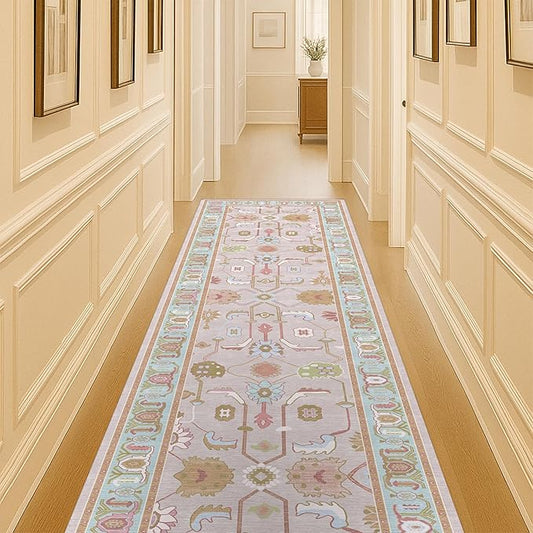 Fame Living Pink Oushak Runner Rug, Modern Runners, Vintage, Turkish, Eclectic, Floral, Pastel, Washable, Runner for Hallway, Kitchen, Bedroom, Bathroom, 2'5"x9'8"