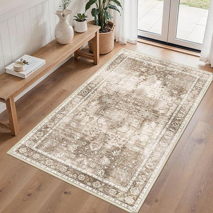 3x5 Area Rugs for Living Room, Machine Washable Non Slip Vintage Rugs, Low Pile Lightweight Print Rug for Bedroom, Dining Room, Home Office, Latte Beige