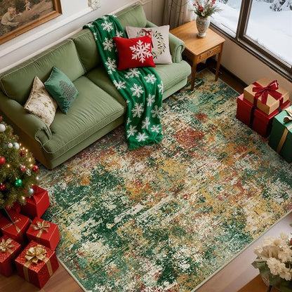 Washable Area Rugs 5'x7' Non-Slip Modern Abstract Soft for Living Room Entryway Bedroom Nursery, Print Pattern, Green Orange Rust Red Cream Colorful