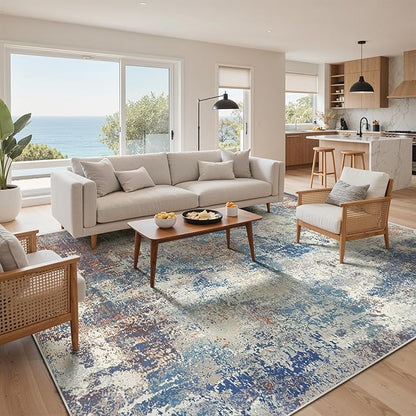8x10 Area Rugs Washable Blue Rug for Living Room Bedroom, Abstract Modern Large Rug Non Slip, Water Repellent Low Pile Soft Carpet for Dining Room, Blue Rust