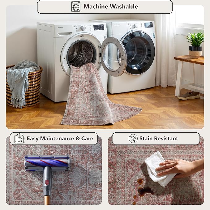 Kuden 3x5 Small Rug, Machine Washable, Non-Slip Backing, Vintage Style, Soft, Low Pile, Area Rugs for Entryway Kitchen Indoor Entrance