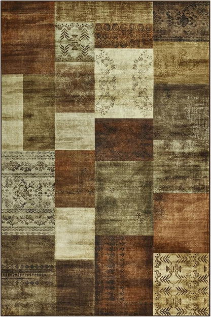 Tepook Modern Area Rug for Living Room, 4x6 Geometric Large Rugs for Bedroom, Washable Patchwork Rug Indoor Non-Slip Throw Carpets for Dining Room Office Farmhouse Home Decor, Brown