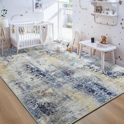 Living Room Rug 7x10 Ultramarine Area Rugs Machine Washable Abstract Boho Large Rug Non-Slip Non-Shedding Faux Wool Indoor Vintage Carpet for Bedroom, Classroom, Dining Room, Kids Playroom