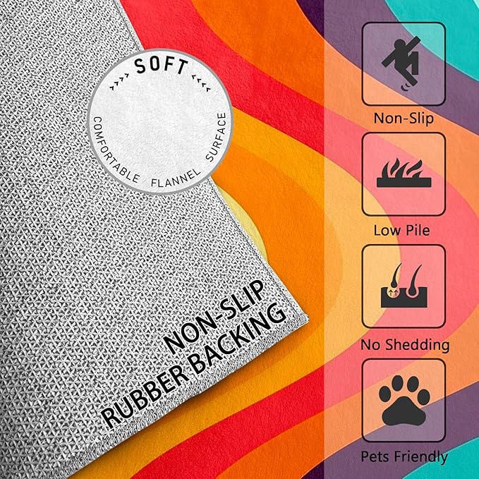 Retro Rugs for Living Room 70s -Abstract Wave Rug, 5x6 ft, Colorful Rainbow Area Rug, Groovy Geometric Washable Non-Slip Stain Resistant Carpet, Mid Century Retro 70s Home Decor & Gifts