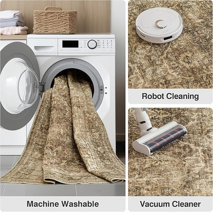 FMFUNCTEX 8x10 Washable Area Rug Brown Vintage Neutral Distressed Large Non Slip Carpet for Living Room Bedroom Soft Low Pile Indoor Mat Retro Floral Throw Rug for Dining Room Kitchen Office Nursery
