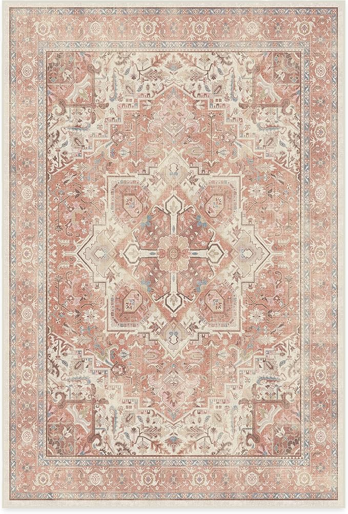 RUGGABLE Washable Area Rug – Kamran Rose Pink 6x9, Stain-Resistant, Non-Slip – Medium Machine Washable Rugs for Living Room, Bedroom, Hallway, Entryway & Office–with Cushioned Pad