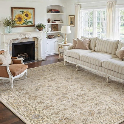 HUGEAR 6x9 Area Rug Beige Vintage Machine Washable Living Room Retro Rugs Distressed Floral Vacuumable Low Pile Carpet Bedroom Office Dining Room Laundry Room Non Slip Soft Lightweight