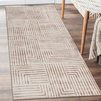 ReaLife Rugs Machine Washable Area Rug Runner - Living Room Bedroom Bathroom Kitchen Entryway Office - Non-Slip Baking Low Pile Stain Resistant Premium - Modern Geometric - Finn - Beige 2'6" x 8'