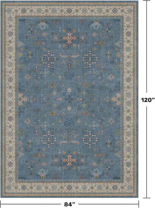 Boho 7x10 Accent Area Rugs for Living Room - Dusky Blue Rug for Bedroom Under Bed, Dining Room Under Kitchen Table, Washable Soft Non Slip Unique Colorful Indoor Décor
