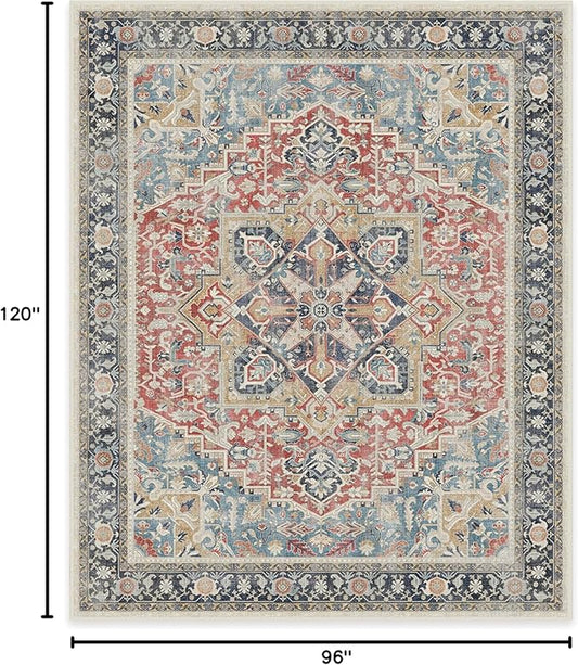 RUGGABLE Washable Vintage Area Rug – Kamran Cayenne Red 8x10, Stain-Resistant, Non-Slip – Large Machine Washable Rugs for Living Room, Bedroom, Hallway, Entryway & Office–with Cushioned Pad