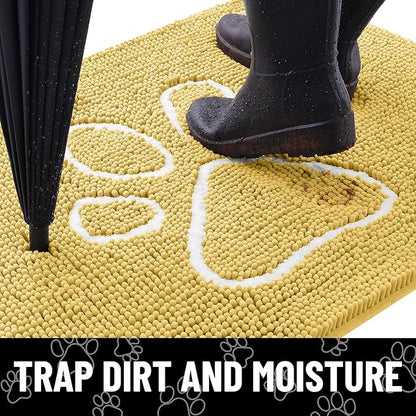Smiry Dog Door Mat for Muddy Paws, Absorbent Dirt Trapper Non Slip Quick Dry Washable Chenille Mat for Mud Dogs, Entry Rug for Indoor and Outdoor (30x20 Inches, Yellow and White)